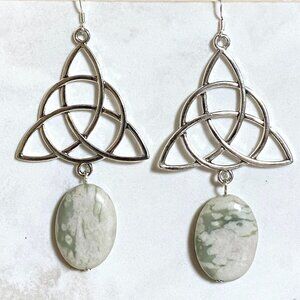 2/$20, Genuine Green Flower Agate Celtic Trinity Sterling Silver Dangle Earrings